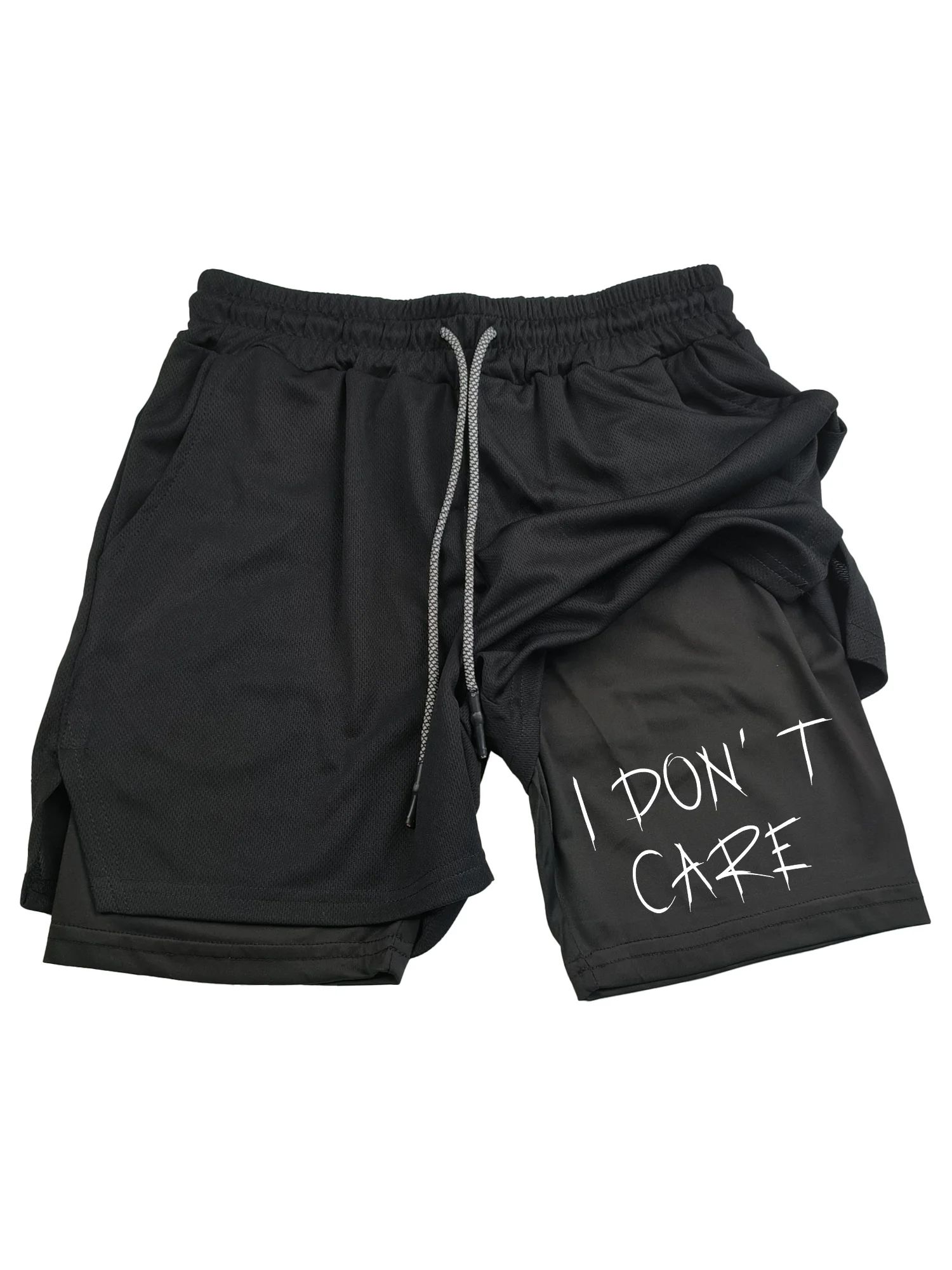 

Men's Quick-drying Double-layer I DON'T CARE Print Shorts Breathable and Sweat-wicking A Must-have for Fitness and Exercise