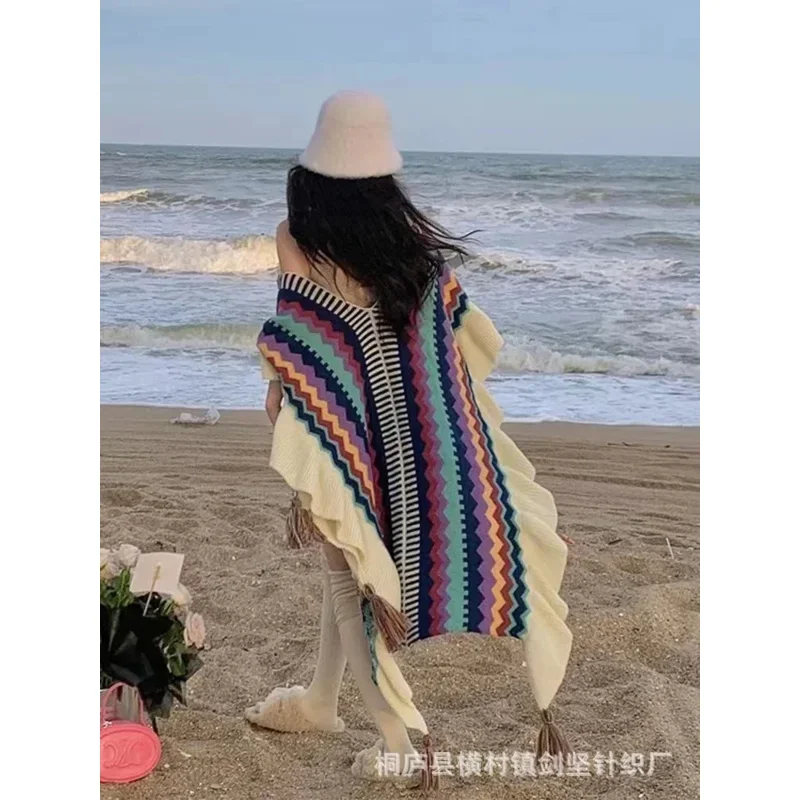 Women Autumn Winter Bohemian Faux Cashmere Ethnic Style Long Thick Poncho Shawl Female Big Pendulum Loose Cloak Coat MN12