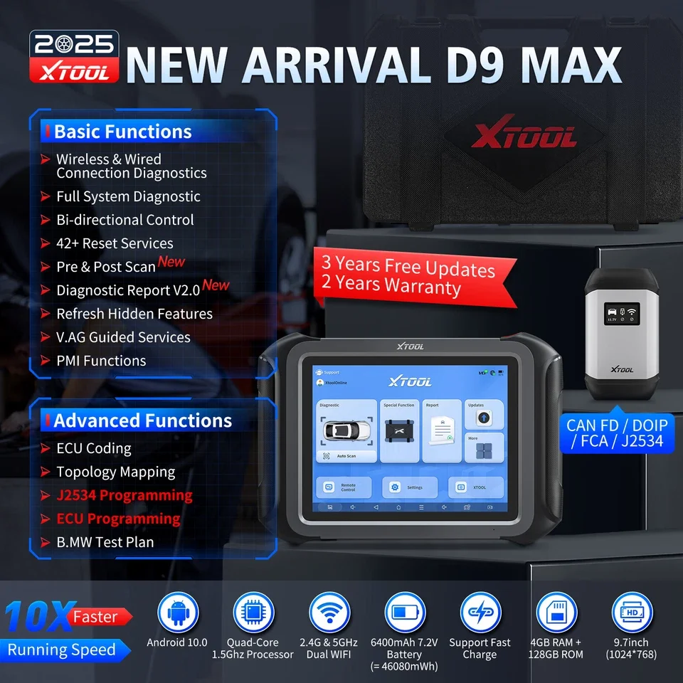 XTOOL D9 MAX J2534 أداة البرمجة جميع النظام Obd2 ماسح ضوئي تشخيصي ECU الترميز ثنائي الاتجاه FCA DOIP CAN FD طوبولوجيا