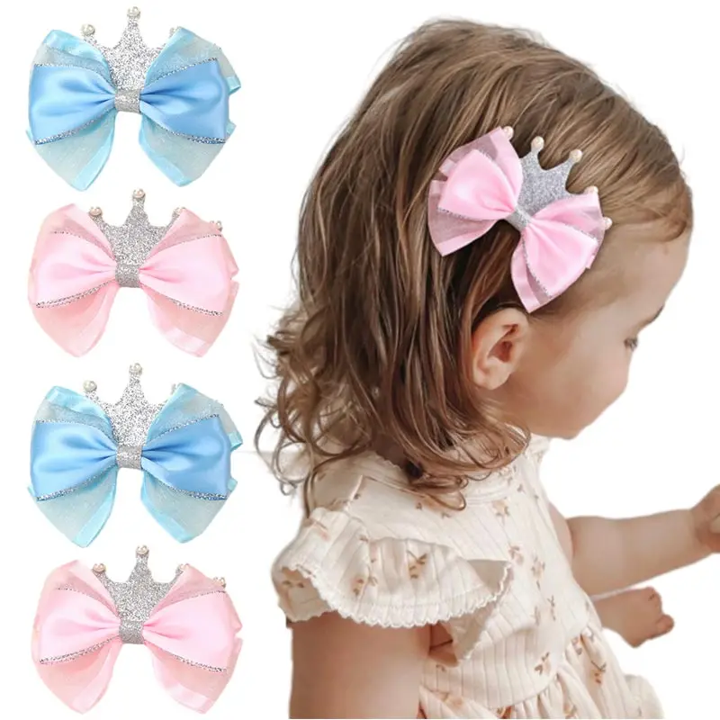 

ncmama 2Pcs Crown Pearl Hair Bow Clips for Kids Girls Solid Silk Bowknote Hairpin Princess Barrette Boutique Hair Accessories