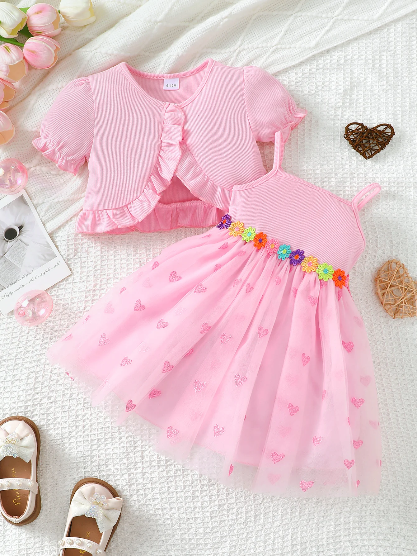 

Baby girl Princess Dress Pink Heart Gauze Dress Shawl Two-piece Set Suitable for 0-3 Year Baby girl Summer Birthday Party Set