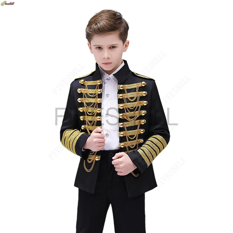 Kids Marching Band Costume Military Tassel Chains Jacket Steampunk Prince Coat Pop Stage Dacing Costume Officer Cosplay