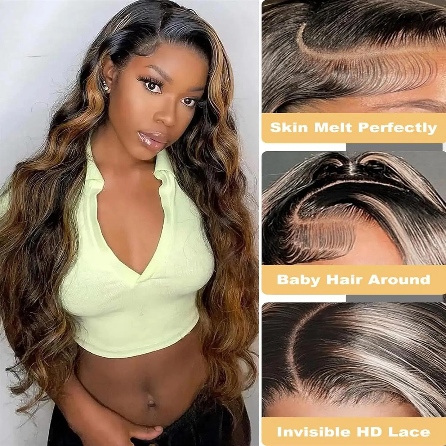 Highlight Lace Front Wig Human Hair 24 Inch Balayage 1B/30 Highlight Ombre 13x4 HD Transparent Lace Frontal Wigs For Women