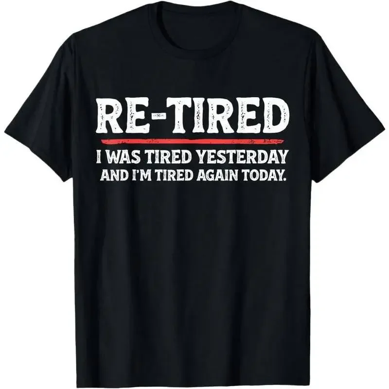Round Neck Graphic T-Shirt - Re-Tired Definition Printed Text, Loose-Fitting Fabric, Short Sleeve Casual Streetwear Top, Machine Washable (Cold Wash Only, No Tumble Dry)