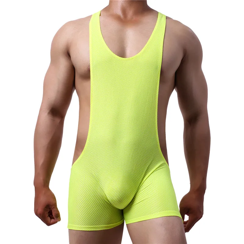 Sexy Mens Stretch Breathable Bodysuit Sport Gym Fitness Jumpsuit Bulge Pouch One Piece Leotard Wrestling Singlet Gay Underwear