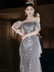 Gorgeous Silver Gray Cocktail Dress Boat Neck Off the Shoulder Lace-up Tassel Detachable Train Woman Celebrity Prom Gown