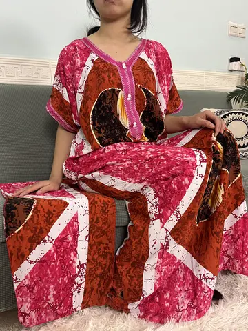 Sukienki afrykańskie dla kobiet dekolt w serek bawełniany nadruk luźna szata Femme muzułmańskie zestawy abaje nigeryjska islamska sukienka z turbanem