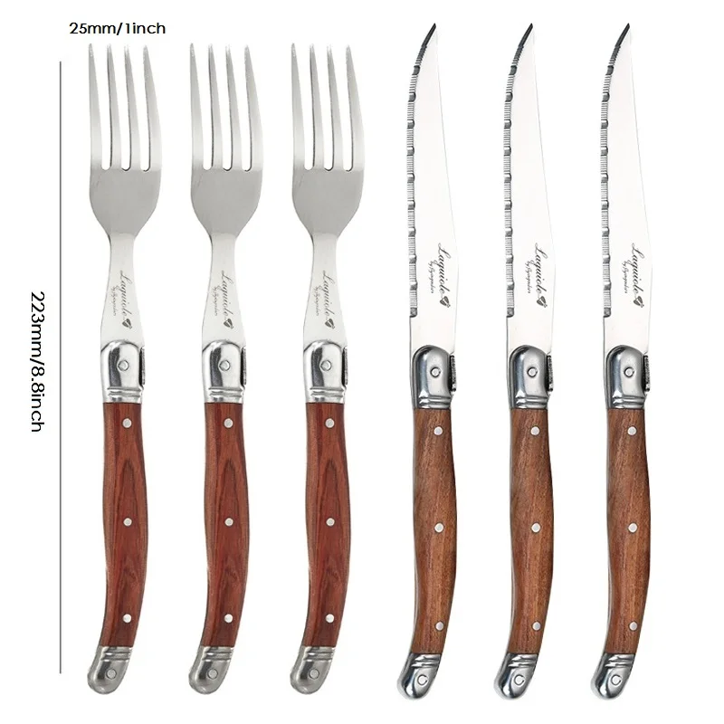 4pcs 8.5\'\' Laguiole Steak Knives Table Forks  Wood Dinner Knife Stainless Steel Wooden Dinnerware Korean Restaurant Cutlery
