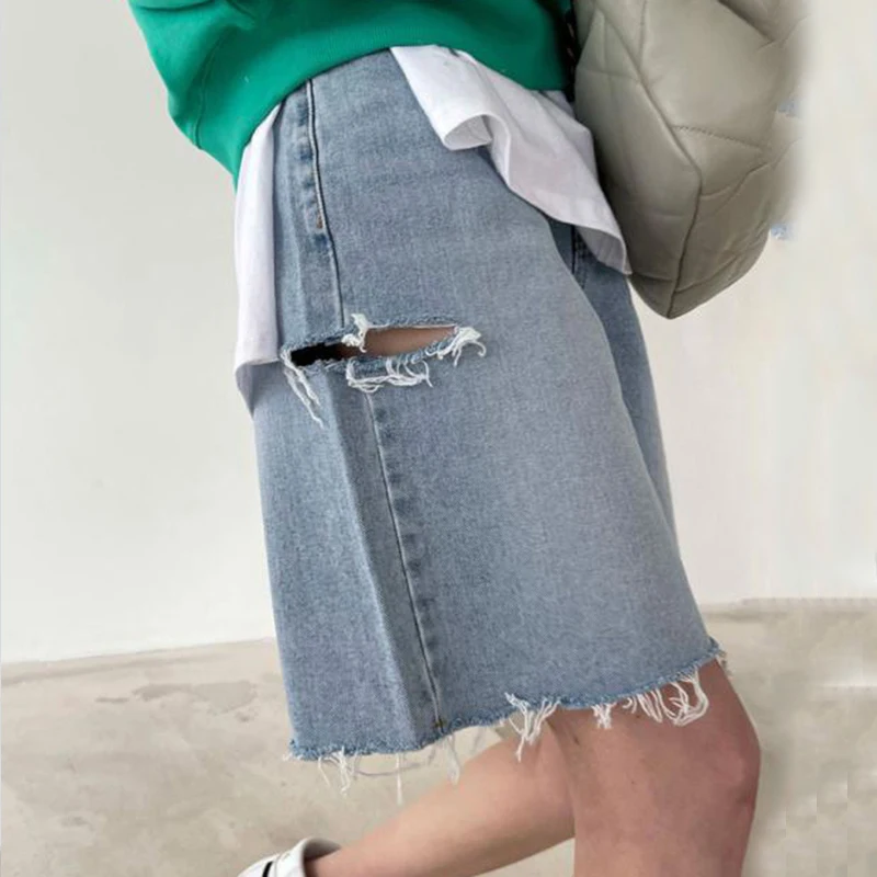 Retro High Waist Slimming Blue Jeans Shorts Women's Straight Leg Cut Side Washed Denim Spring Fashion Chic  Shorts