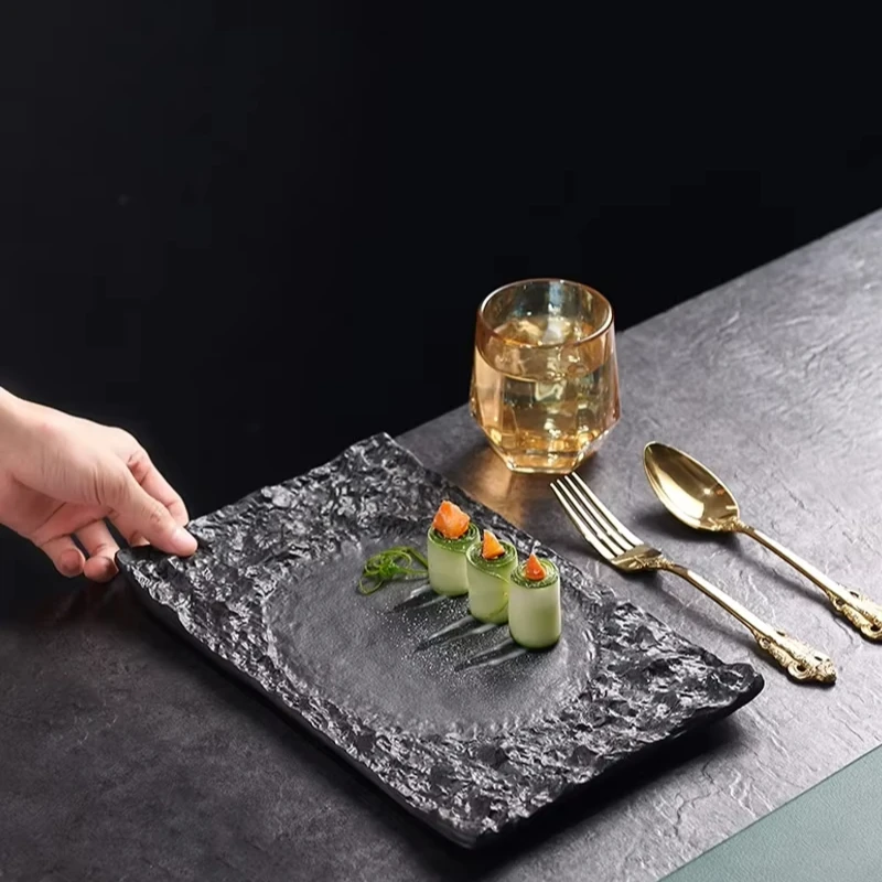 Stone Pattern Relief Dining Plate Ceramic Salad Plate Steak Plate Cake Dish Italian Noodle Plates Retro Ceramic Tableware