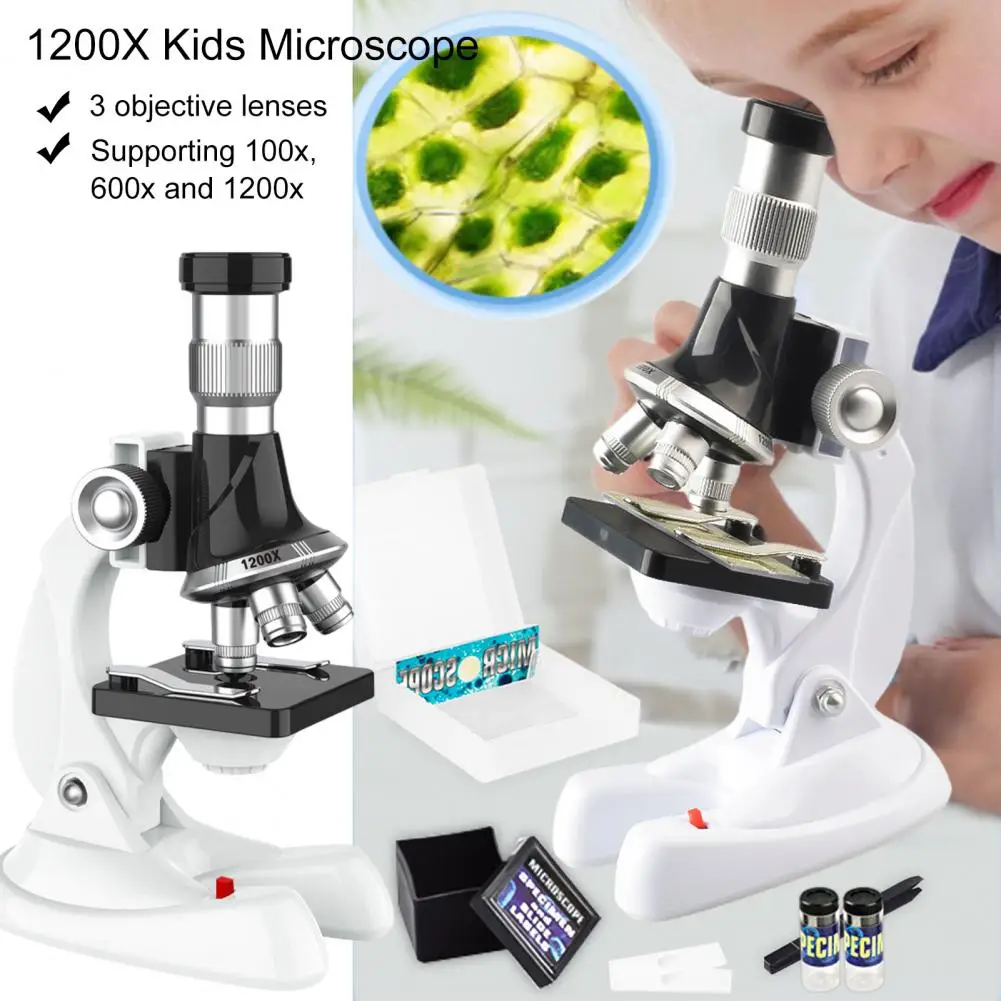 กล้องจุลทรรศน์น้ําหนักเบาการศึกษาเด็กกล้องจุลทรรศน์ของเล่น 3 เลนส์สําหรับเด็กวัยหัดเดิน 100/600/1200x การขยายเลนส์ Biological