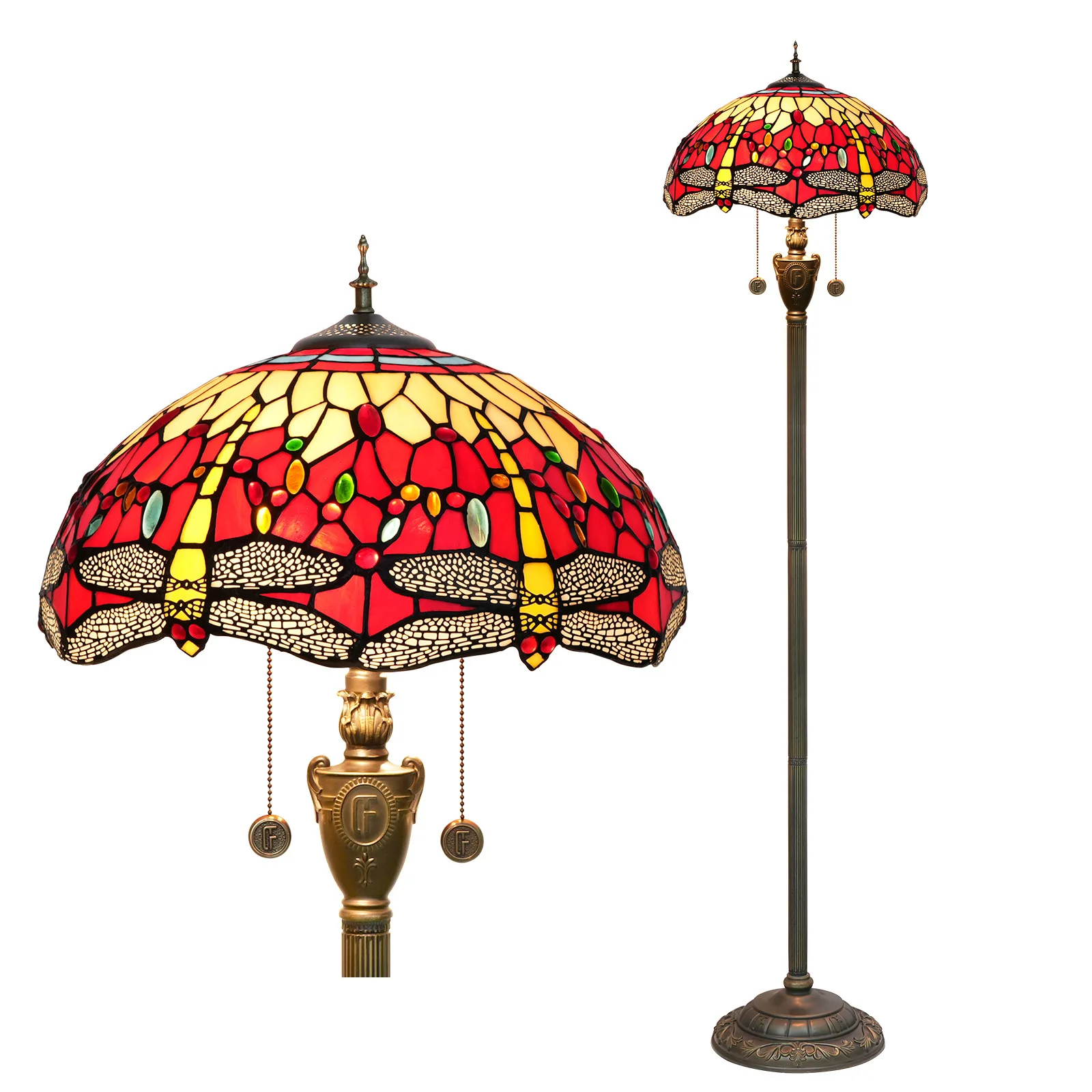 

Dia40cm Red Background Dragonfly Stained Glass Art Lampshade Luxury Living Dining Room Bedroom Tiffany Floor Lamp Home Bar Light