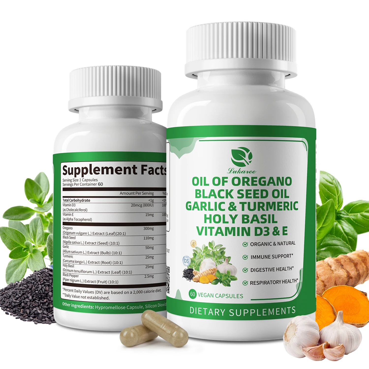كبسولات زيت الأوريجانو العضوية مع الثوم والكركم والريحان المقدس لامتصاص أفضل المناعة والهضم ونباتي الجهاز التنفسي، غير وراثيًا