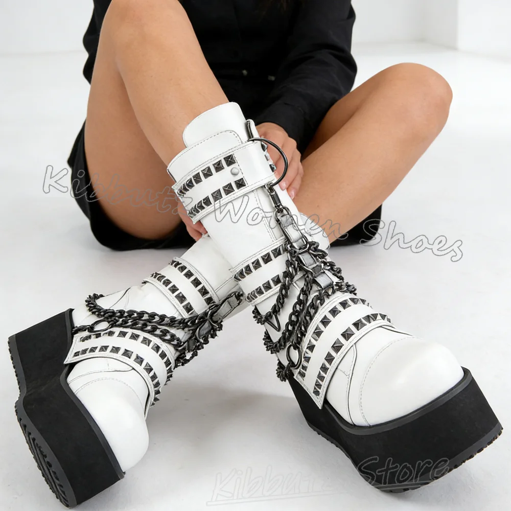 

Женские кожаные ботинки на платформе с заклепками и металлическим декором, однотонные, в стиле панк-рок, готика, с круглым носком, на толстой подошве, модные новинки