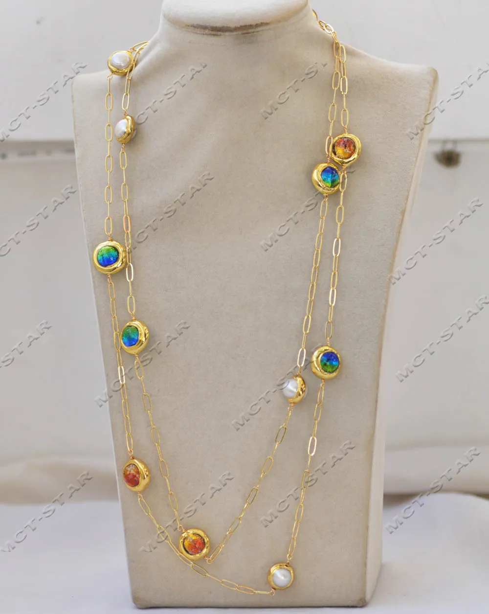 

MTC·STAR 54'' 15mm Round Red Yellow Murano Glass White Pearl Chain Necklace （Z13110）
