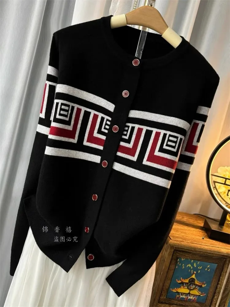 Preto vintage camisola de malha cardigan feminino jacquard manga longa o pescoço malhas topos 2025 primavera elegante solto moda jumpers