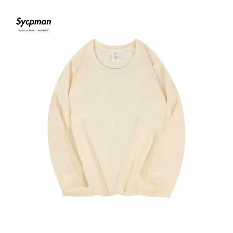 Sycpman 230 Grams Pure Cotton Long Sleeve T Shirt for Men Autumn and Winter Couple Solid Loose Shoulder Drop O-Neck Tees