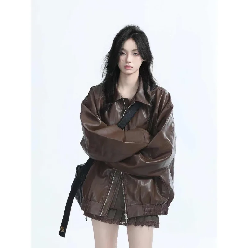 Gothic Street Vintage Motorcycle Jacket Black Leather Jacket Women's Spring Autumn PU Leather Coat Oversized Jackets for Women