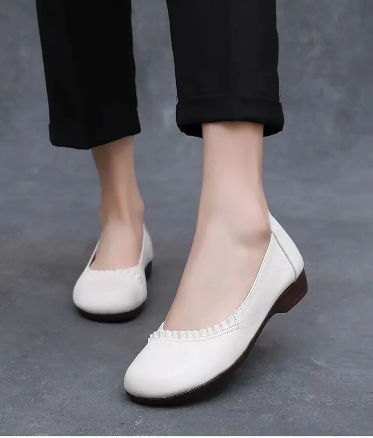 Elegante Damen-Ballerinas aus Leder mit Raffung, Bequeme Flache Slip-on Schuhe, Lässige Büro-Flats für Damen – Detail 1
