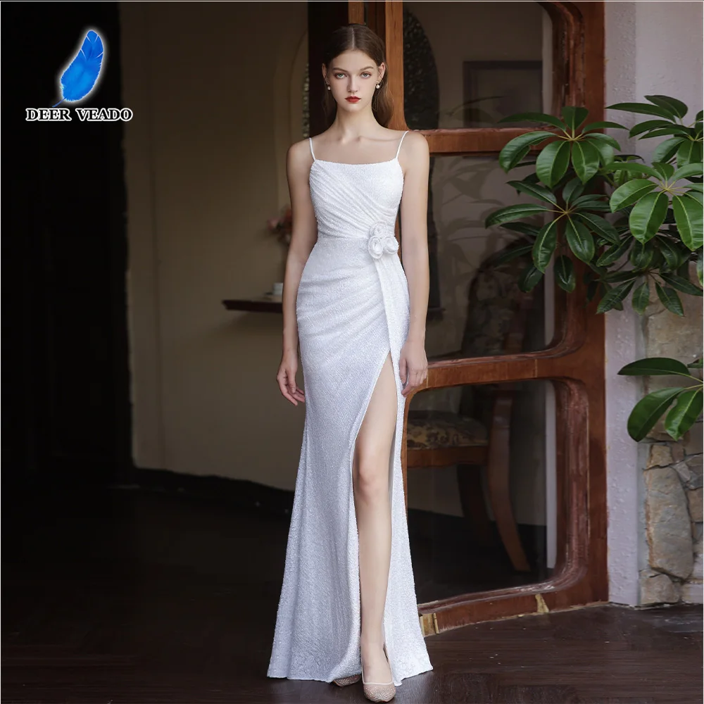 

DEERVEADO 10 Colors Mermaid High Slit Evening Dresses Woman Elegant Strap Sequins Wedding Party Dresses Long Prom Dress Gala