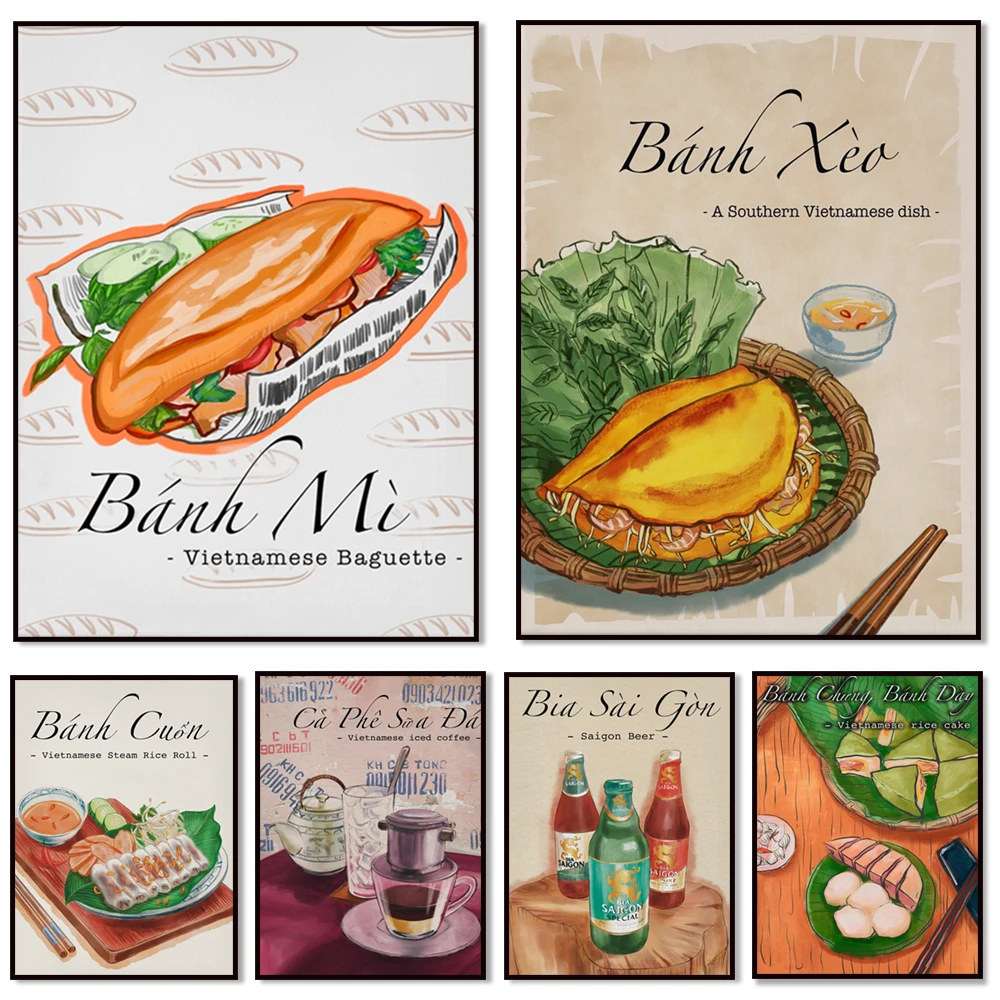 Family meals - beer, beef noodle soup, steamed rice rolls, spring rolls, baguettes, pancakes, coffee vietnamese food poster