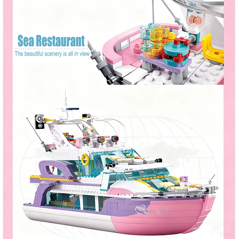 Kit de blocs de construction de Yacht de fête de créativité-MOC filles amitié fête de mer figurines de piste de danse modèle de bateau rose briques jouets cadeau