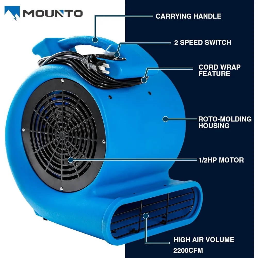 Вентилятор для сушки полов Air Mover мощностью 1/2 л.с. — мощная сушилка для ковров с двигателем мощностью 1/2 л.с., воздушный поток 2200 куб. футов в минуту, легкая конструкция, 2 скорости