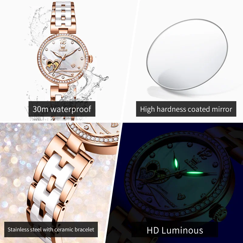 OLEVS 7086 Women Watch Luxury Elegant Original Mechanical Watch Love Dial Ladies Watch Ceramics Strap Set Gifts Box High Quality