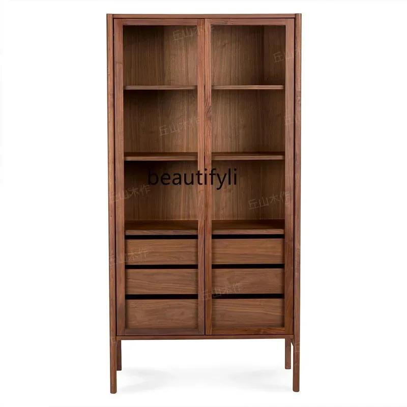 V132 Black walnut bookcase All solid wood open white oak display storage cabinet Glass door model