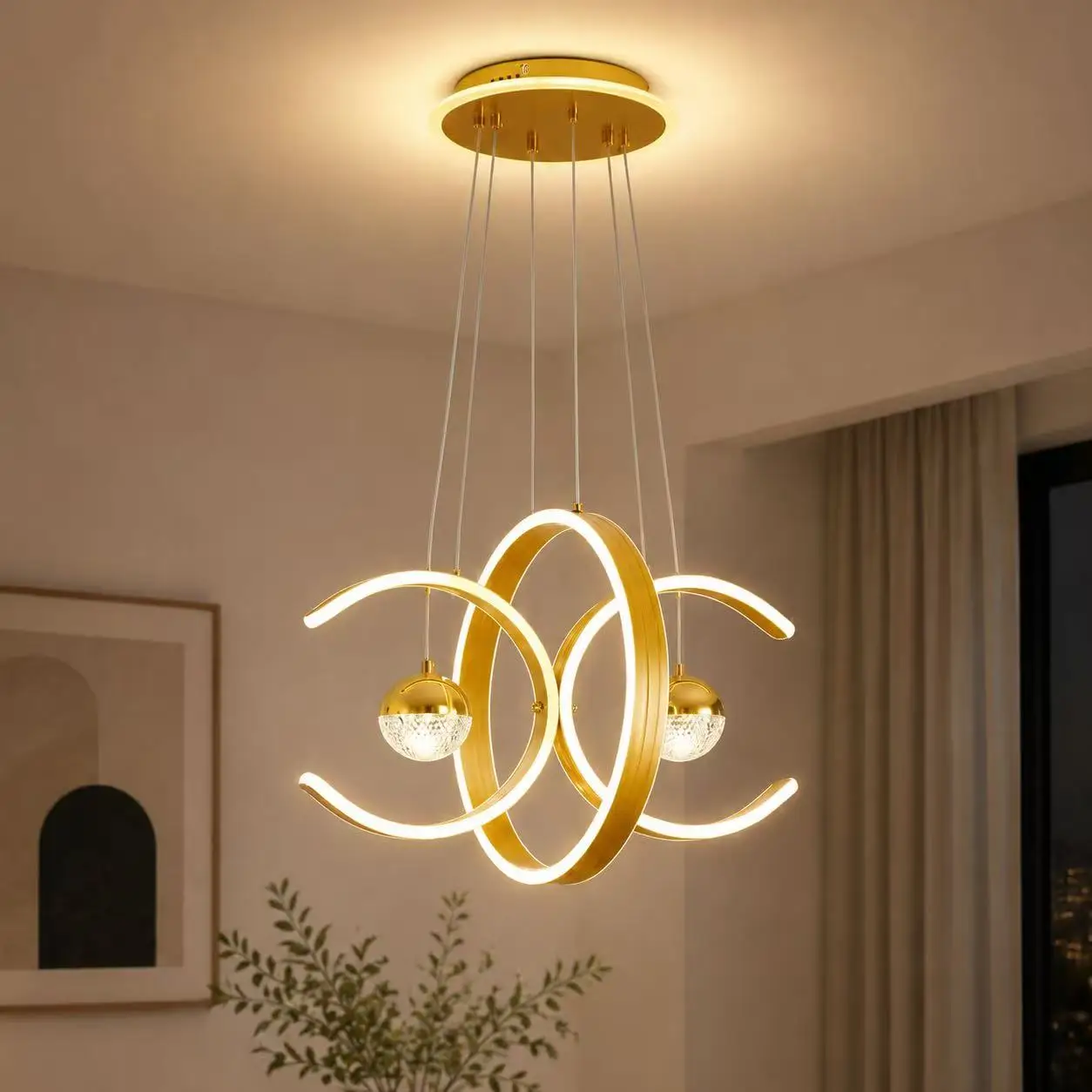 Lightweight luxury interlaced circular pendant light with three-color variable-light LED circular spheres. Adjustable hanging co