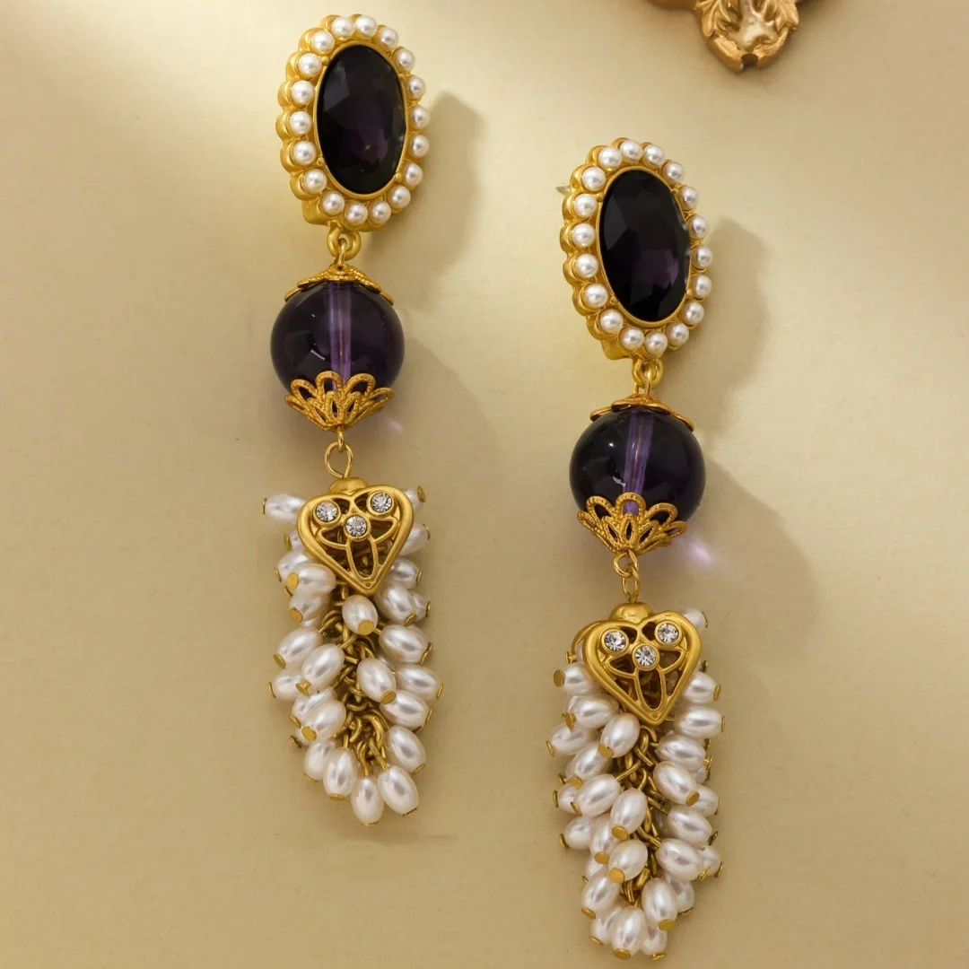 

Винтажные длинные серьги с фиолетовым жемчугом в придворном стиле, нишевый дизайн, высококачественное ощущение тяжелого качества ручной работы