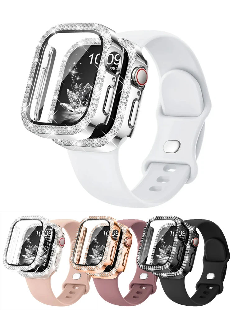 Diamantgehäuse + Armband für Apple Watch Band 44 mm 42 mm 45 mm 40 mm 41 mm 38 Displayschutzfolie Armband Correa Gürtel Serie 9 SE 8 7 6 5 4