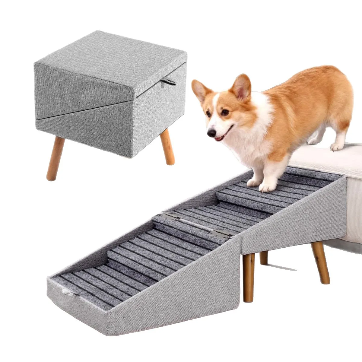 Pet Stairs, Foldable Wooden Dog Steps, 2 in 1 Multifunctional Ramp, Non-Slip Pet Stool for Bed and Couch, Adjustable Height