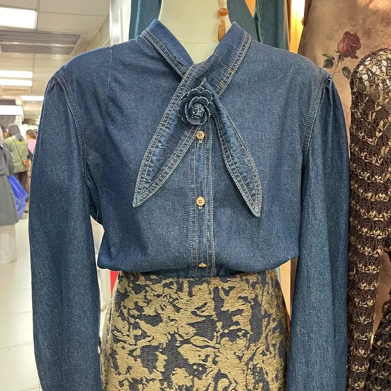 

​​Vintage Blue Floral French Design Denim Shirt Women Elegant Long Sleeve Fall Statement Blouse Unique Detailing​