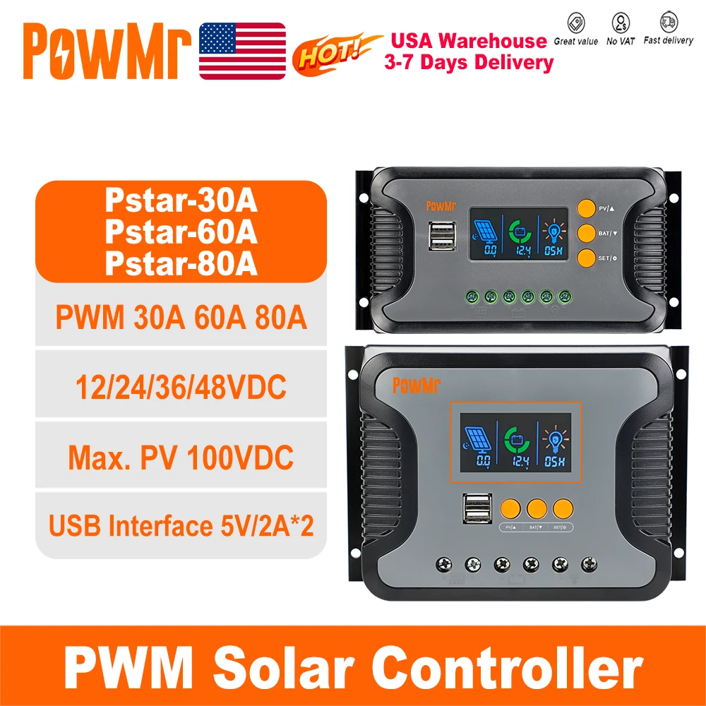 

PowMr USA 30A 60A 80A PWM Контроллер заряда солнечной батареи для аккумулятора 12 В 24 В 36 В 48 В Светодиодный экран USB 5 В 2 А Макс. PV 100 В Более низкая работа