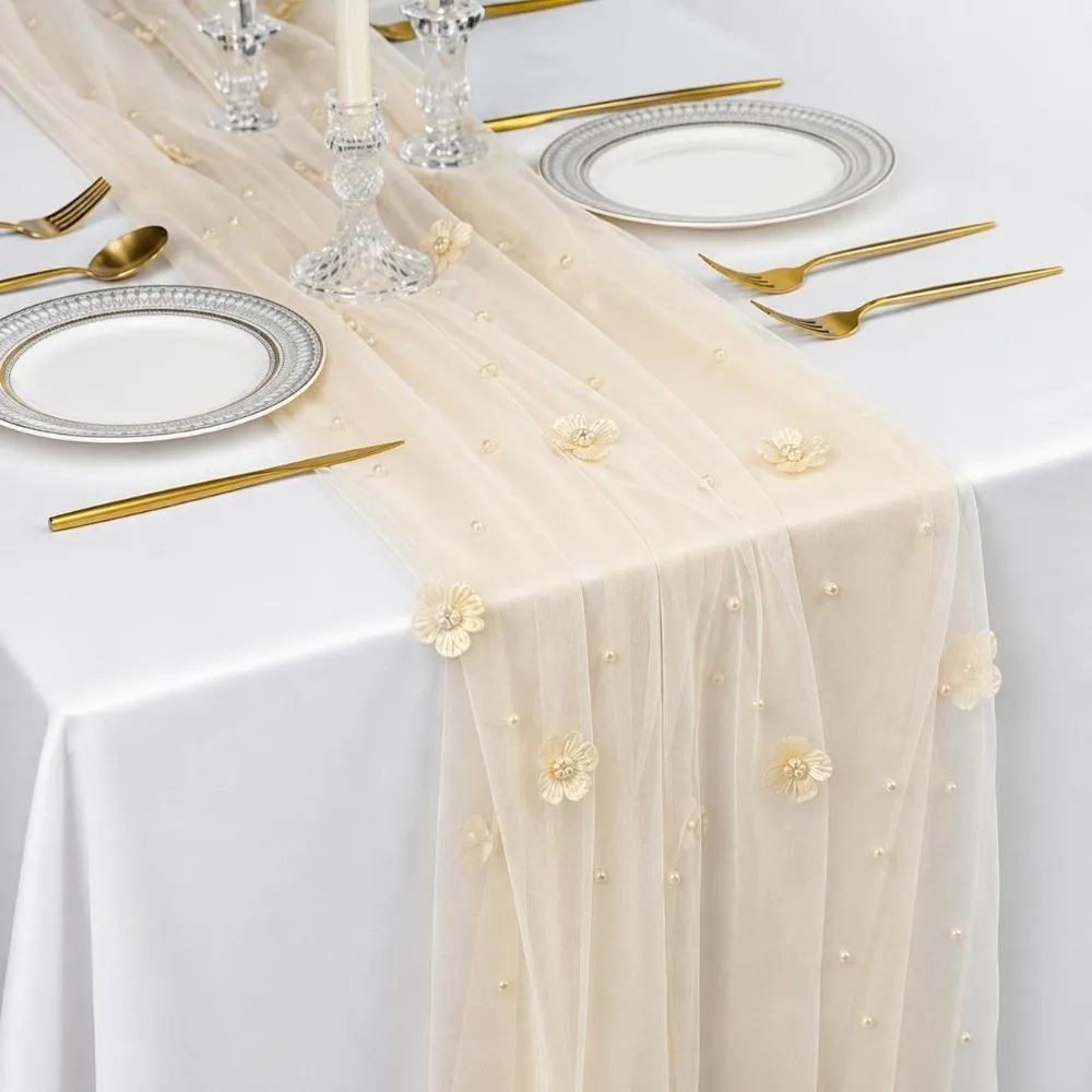 75*300CM Tulle Table Runner Romantic Semi-Transparent Lace Table Runner Polyester Vintage Sheer Table Cover For Table Decoration