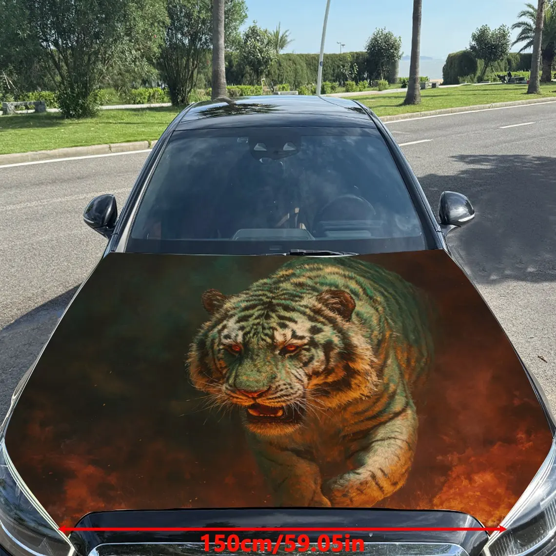 Car Decals Tiger with a Breathtaking, Fiery - Themed and Dynamic - Styled Background Car Hood Sticker, Waterproof Self - Adhesiv