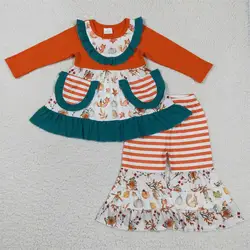 Wholesale Children Long Sleeves Pumpkin Pocket Fall Tunic Baby Girl Stripes Pants Infant Set Kids Toddler Thanksgiving Outfit