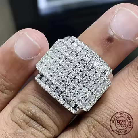 Iced-out Cubic Zirconia 925 Silver Ring for Men Bling Diamond High Quality Hip Hop Rings 14K White Gold Plated Fine Jewelry