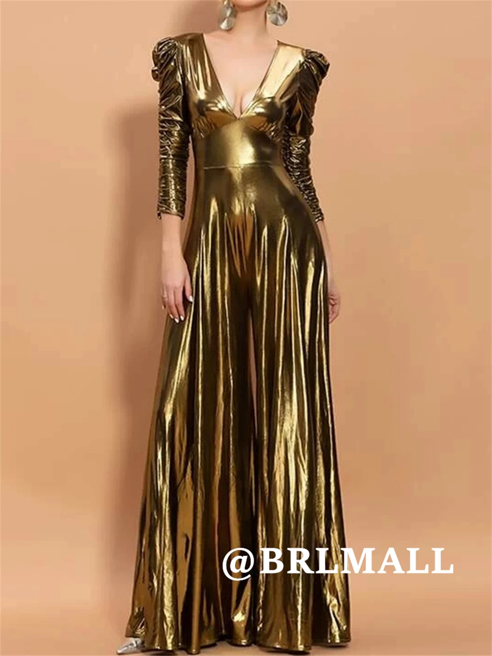 Brmall vestido de baile longo de mangas compridas, vestidos de coquetel personalizados com decote em v, vestidos de noite brilhantes para mulheres, zíper nas costas 2025