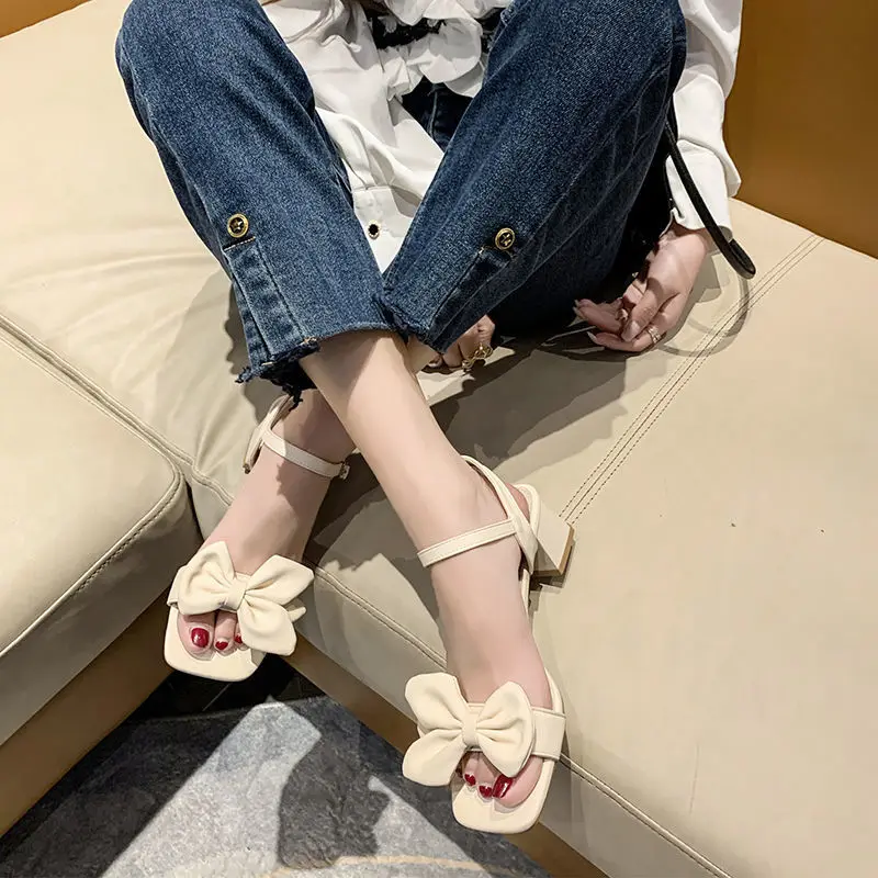 Sandals Women 2024 Summer New Fashion Square Head Bow French Buckle Belt Thick Heel Shoes Lady Sexy Work High Heels Beige Green