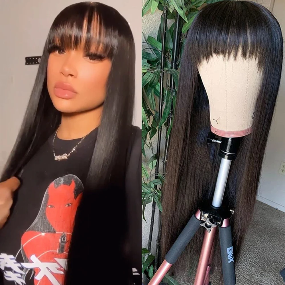 180% 250% رخيصة الثمن شعر مستعار مستقيم مع الانفجارات آلة صنع الباروكات لجميع النساء البرازيلي عذراء 100% خصلات الشعر المستعار الإنسان