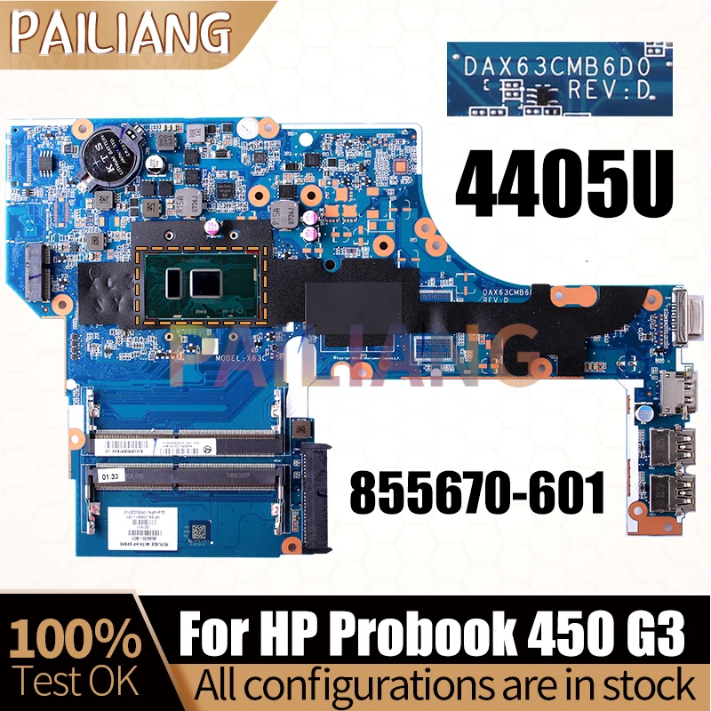 For HP Probook 450 G3 Notebook Mainboard DAX63CMB6D0 855670-601 SR2EX 4405U Laptop Motherboard Full Test