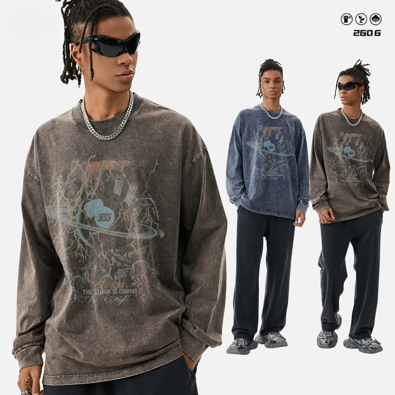 

Осенняя мужская винтажная крутая футболка с граффити, длинная большая футболка из 100% хлопка с круглым вырезом, потертый темно-серый стиль, стиль High-Street