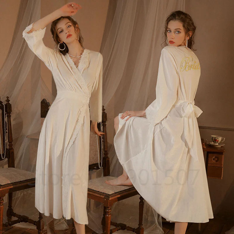 

Long Embroidery Lace Nightgown Warm Winter Velour Bride Wedding Kimono Bathrobe Gown Women Sexy V-Neck Bridesmaid Sleepwear