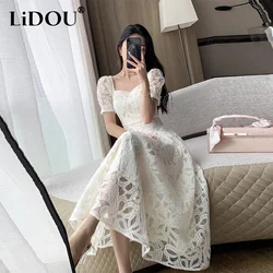 Summer Square Collar Elegant Fashion White Hollow Out Lace Robe Femme Puff Short Sleeve Oversized Vestidos Women Casual Dress