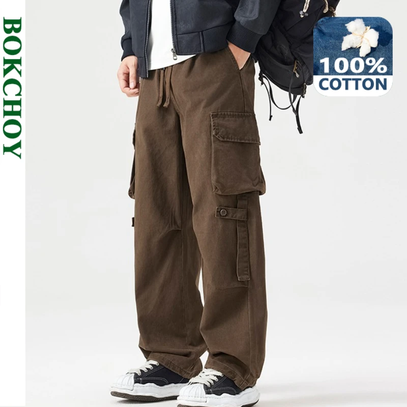 

2025 Autumn New Cargo Loose Multi-pockets 100% Cotton Straight Pants for Men Clothing Comfort Zipper Male Trouser GF258113