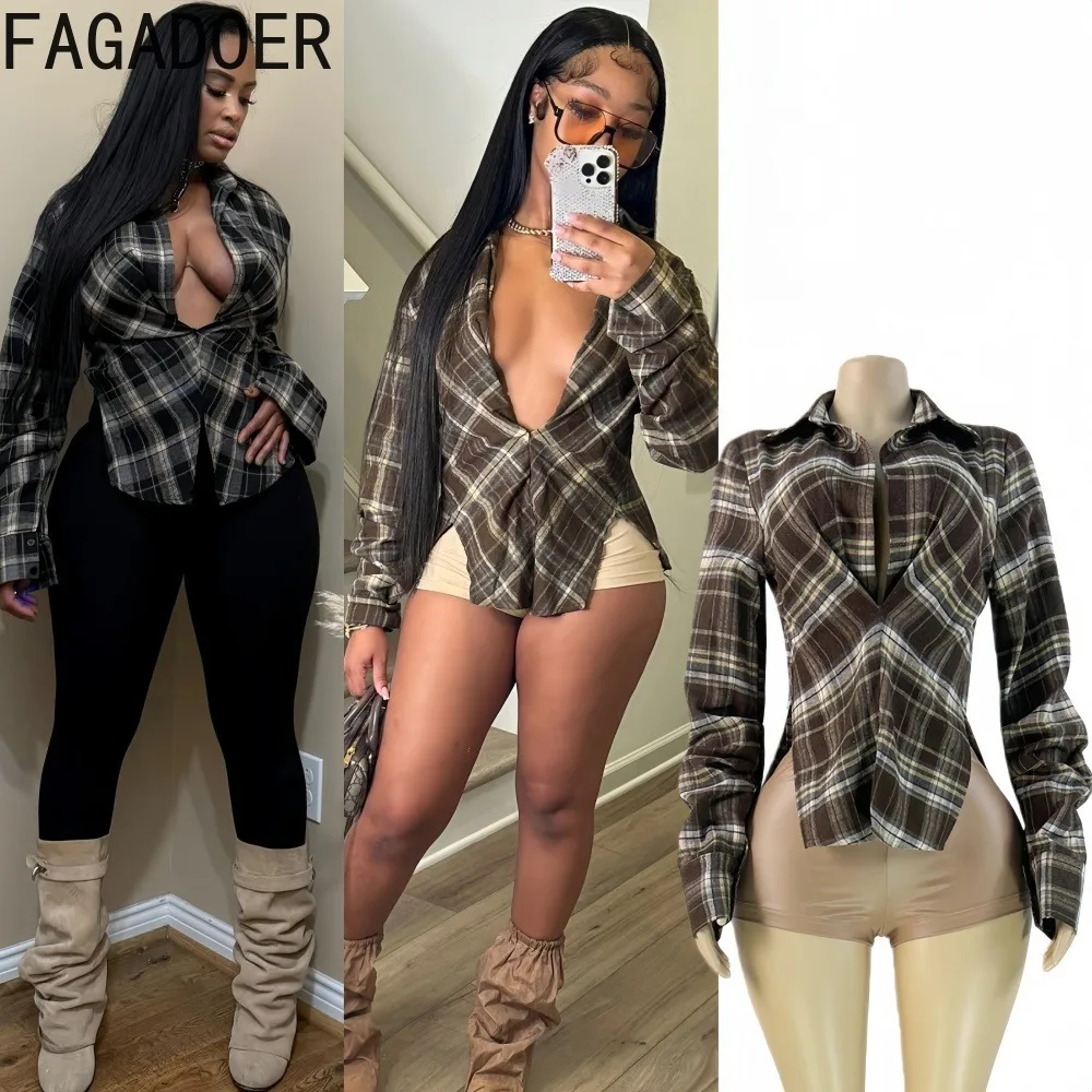 

FAGADOER Fashion Checkered Print Patchwork Tshirt for Woman Deep V-neck Folding Sleeves Tshirt Female Streetwear Clothing New