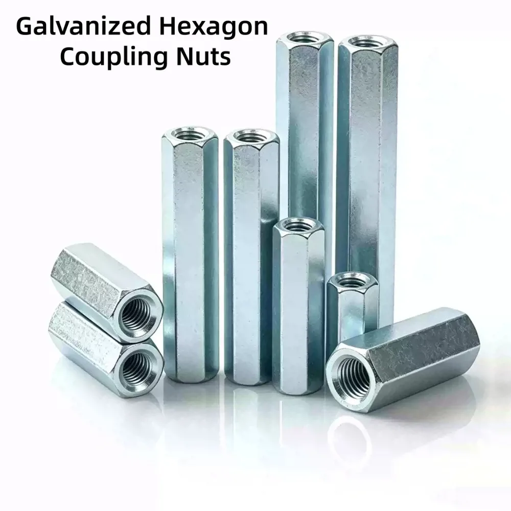 DIN6334 Zinc Plated Long Hex Coupling Nut Galvanized Hexagonal Thread Connecting Nut M6 M8 M10 M12 M16 M20 Connection Fastener