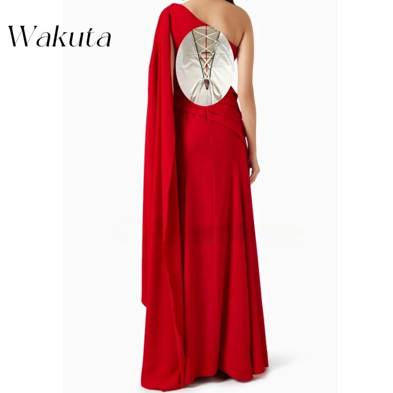 Wakuta Vintage Elegant One Shoulder Satin Dress Classic Ruffles Saudi Arabia Prom Robe Fashion Shawl Floor Length Evening Gowns